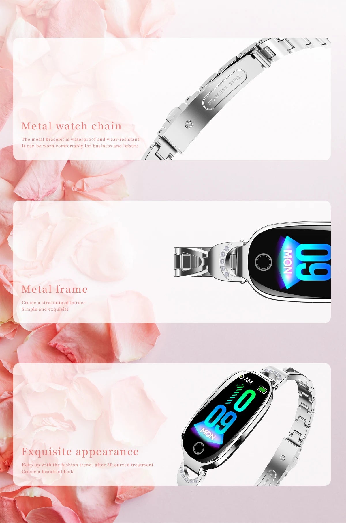 Reloj inteligente de moda para mujer con correa de caja de Metal llamadas Bluetooth recordatorio Menstrual femenino Monitor de presión arterial y frecuencia cardíaca