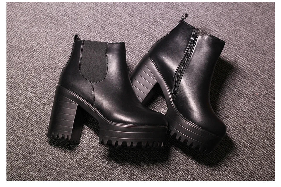 Botas de tacón cuadrado para Mujer, Zapatos con plataforma, de cuero PU, hasta el muslo, para motocicleta