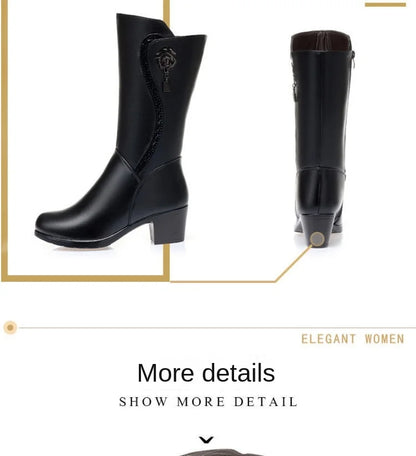 Botas de invierno para Mujer, Botas de nieve cálidas de felpa, Botas de tacón alto a media pantorrilla a la moda para Mujer, Botas de cuero de alta calidad para Mujer