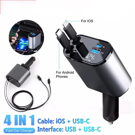 Cargador de coche retráctil de 120w, cargador de teléfono rápido 4 en 1 para coche con Cable USB tipo C para iPhone y Samsung, adaptador de Cable de carga rápida