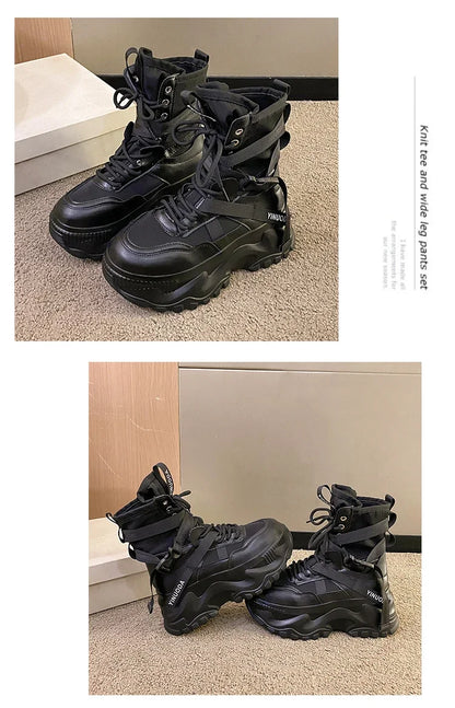 Botas De moto con plataforma gruesa para Mujer, zapatos blancos con cordones y parte inferior gruesa, botines De Mujer para Otoño e Invierno