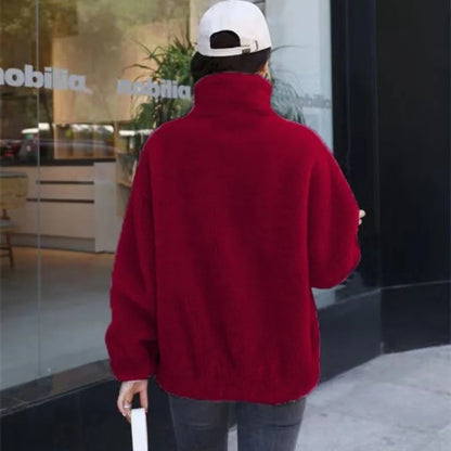 Abrigo cálido de lana Coral doble para mujer, abrigo grueso de felpa con cuello levantado, ropa informal de manga larga con cremallera a la moda para mujer