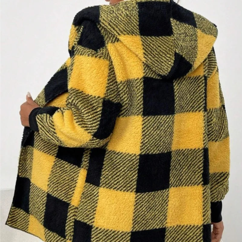 Cárdigan a cuadros de doble lana para mujer, chaqueta suave holgada de manga larga de felpa cálida con capucha, abrigo de retales para mujer, Otoño e Invierno