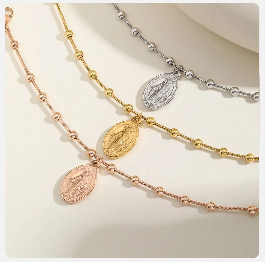 Vnox-pulsera de Rosario para mujer y niña, brazalete de oración de la Virgen María, Cruz religiosa de acero inoxidable chapada en oro, regalos