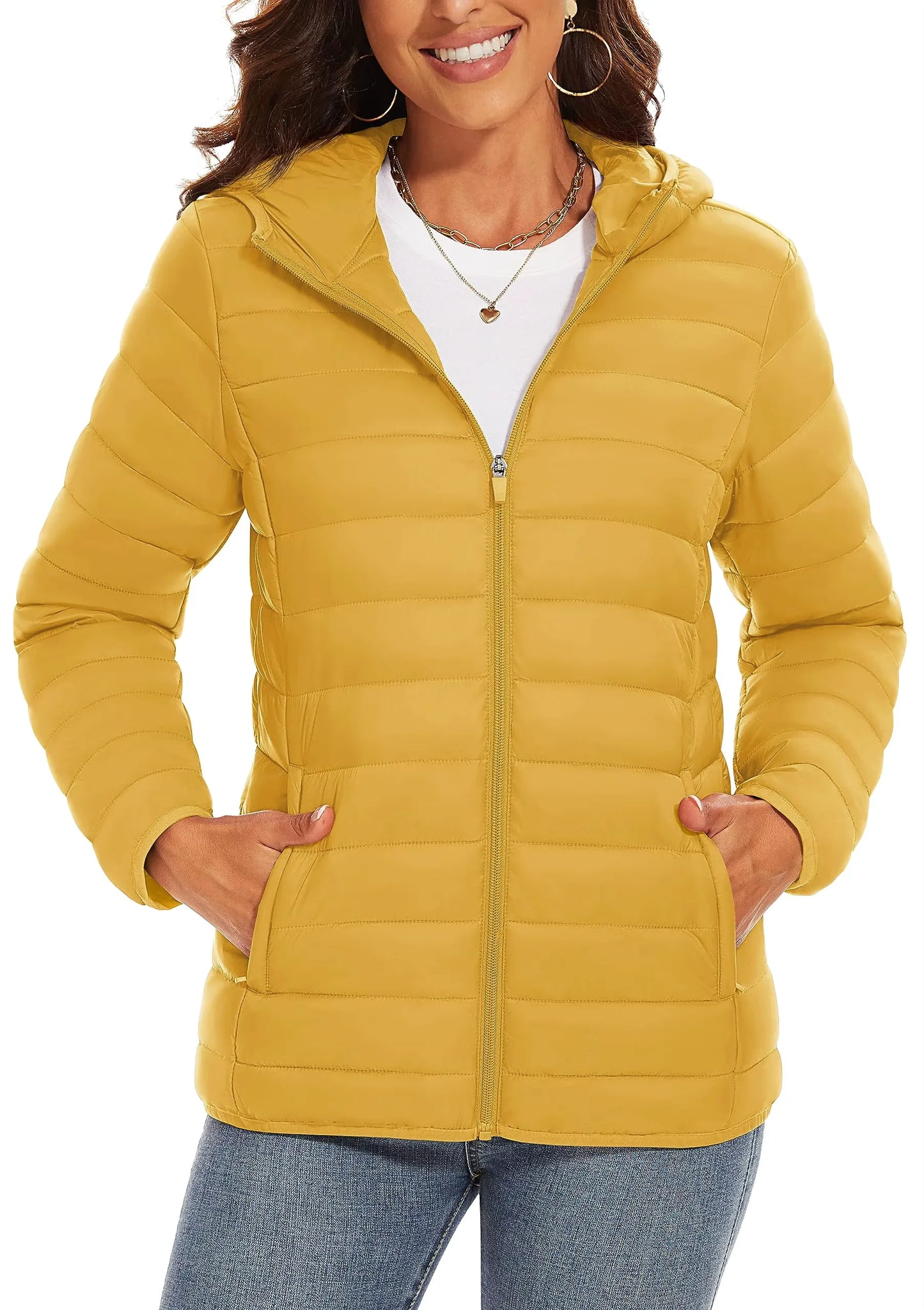TACVASEN Chaqueta acolchada con capucha y cremallera completa para mujer, abrigos cálidos acolchados de invierno, cortavientos informal, prendas de vestir ligeras acolchadas para exteriores