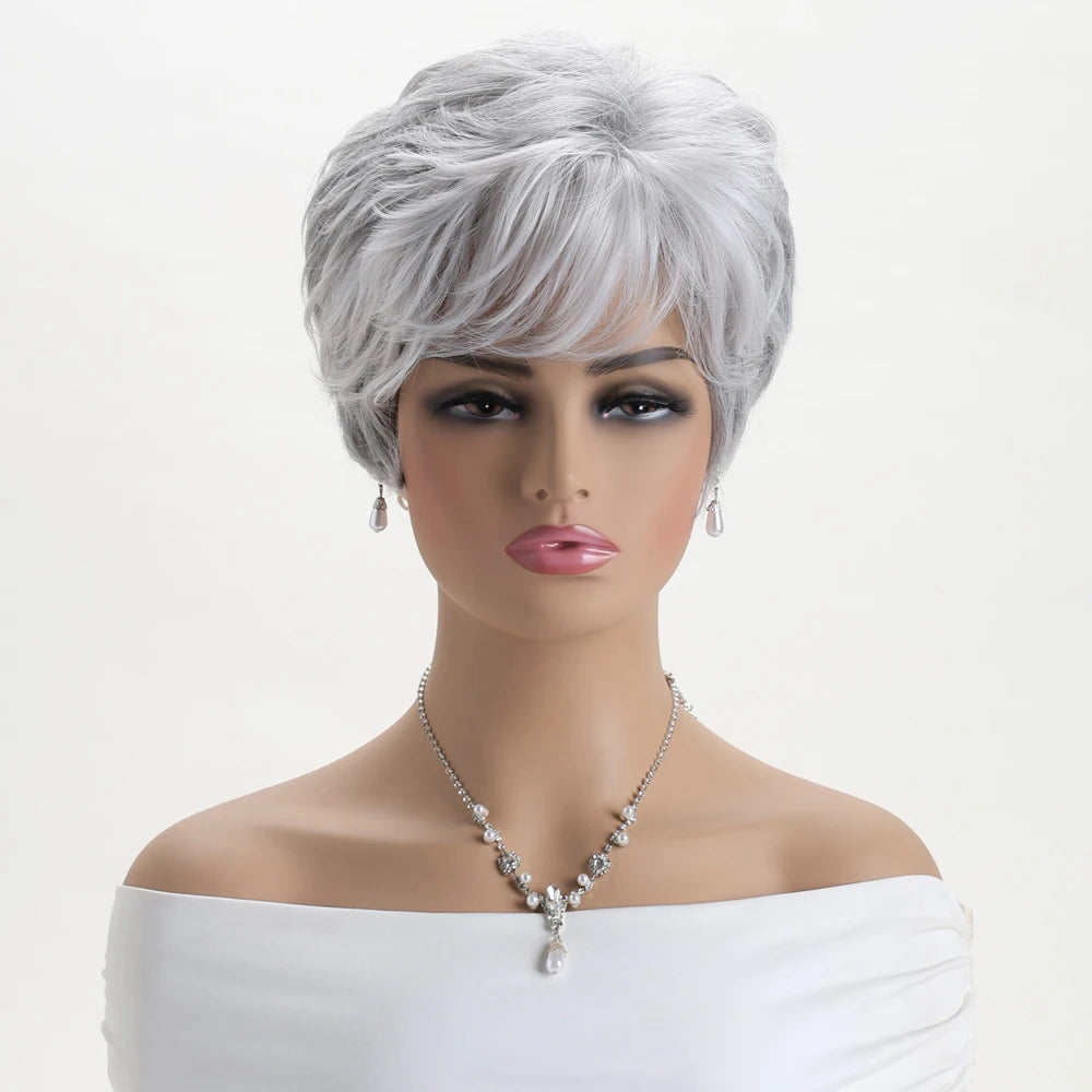 Short natural wigs with bangs, soft hair for mom, daily use, short gray ombre curly synthetic hair, costume party wig for women