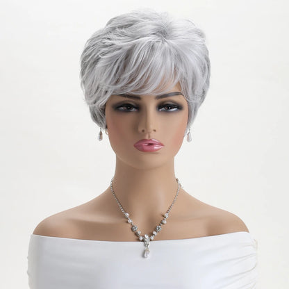 Short natural wigs with bangs, soft hair for mom, daily use, short gray ombre curly synthetic hair, costume party wig for women