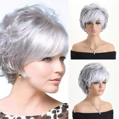 Short natural wigs with bangs, soft hair for mom, daily use, short gray ombre curly synthetic hair, costume party wig for women