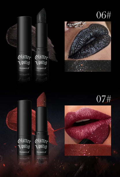 Lápiz labial con purpurina de 7 colores, resistente al agua, de larga duración, diamante nacarado, metálico, brillo de labios negro, maquillaje de labios para mujer, cosmético
