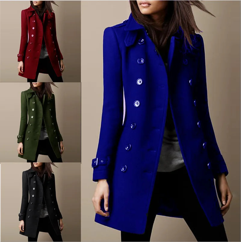 Chaquetas de lana de invierno para mujer, abrigo superior con solapa y doble botonadura, abrigo liso ajustado y elegante para mujer.