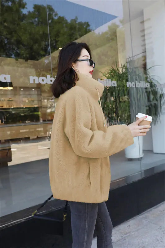 Abrigo cálido de lana Coral doble para mujer, abrigo grueso de felpa con cuello levantado, ropa informal de manga larga con cremallera a la moda para mujer
