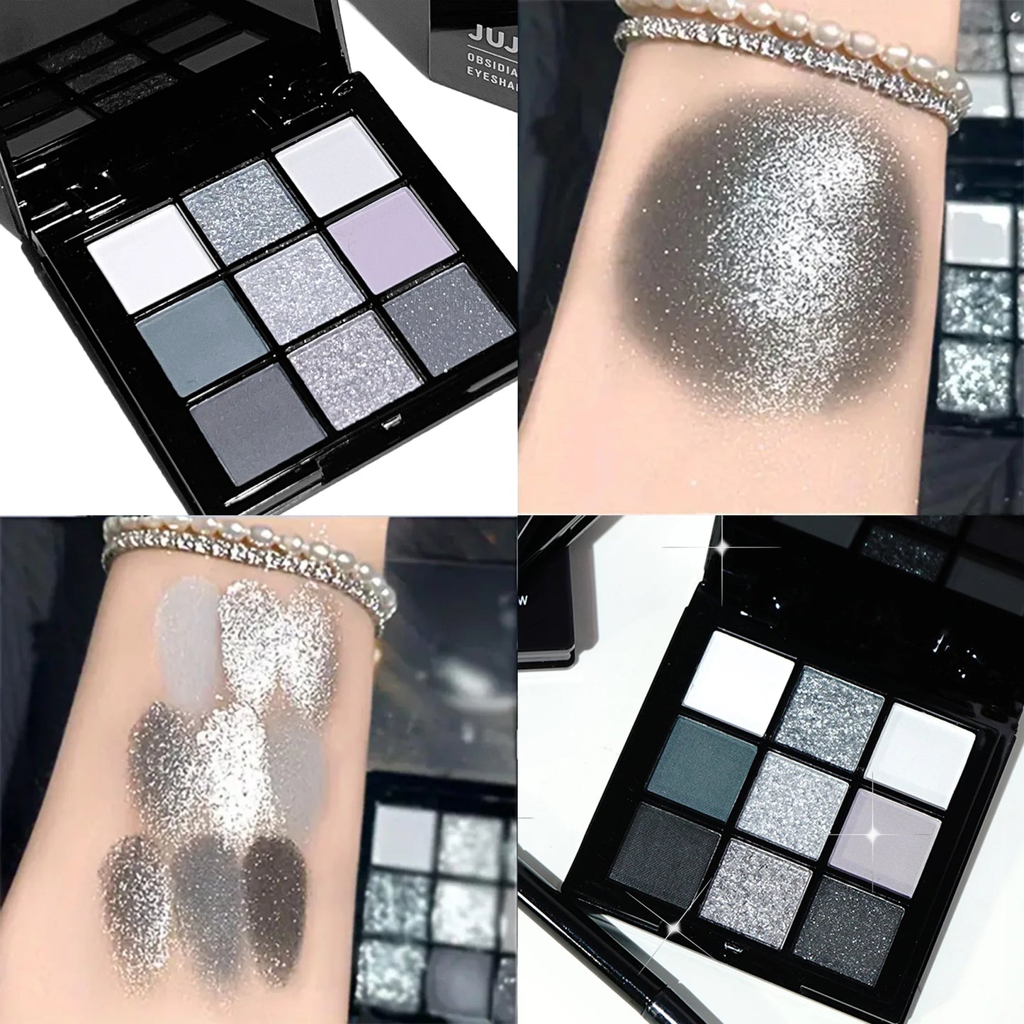 Paleta de sombras de ojos de 9 sombras: Black Swan, Smoky, Dark Black, Grey Silver Glitter, acabado mate, duradero y fácil de colorear