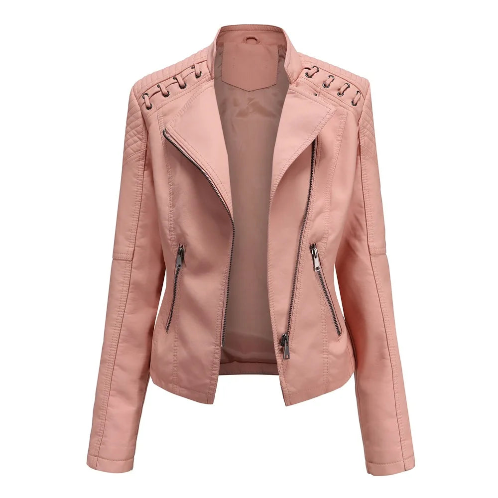Chaqueta de cuero sintético para mujer, abrigo corto ajustado con cuello levantado y cremallera, ropa de calle para motorista, novedad de primavera y otoño.