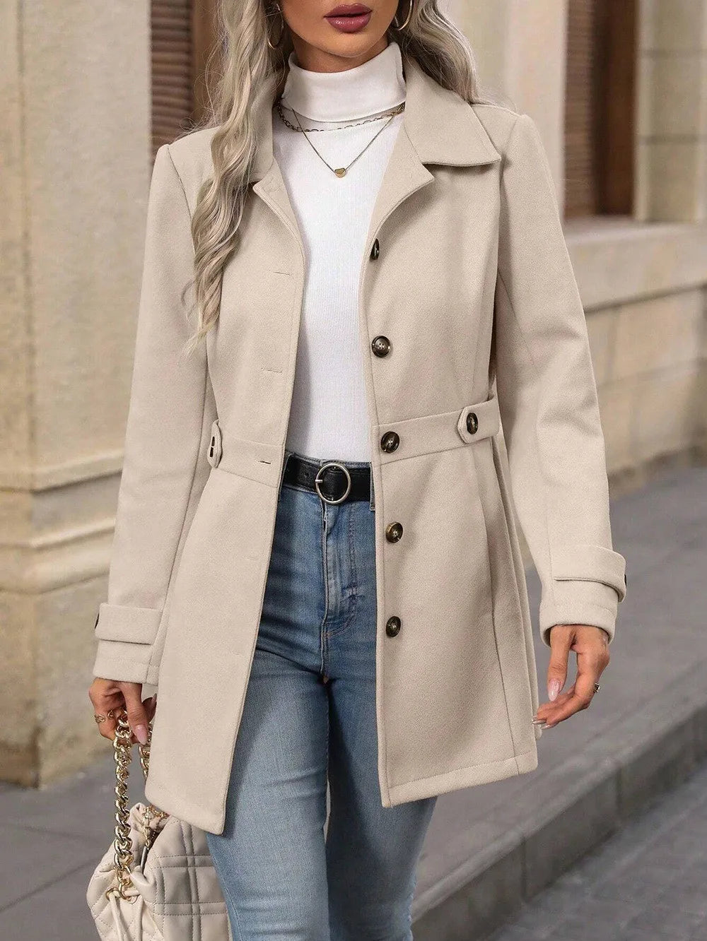 Abrigo de lana elegante de talla grande para otoño e invierno: solapa, detalle de botones, ajustado
