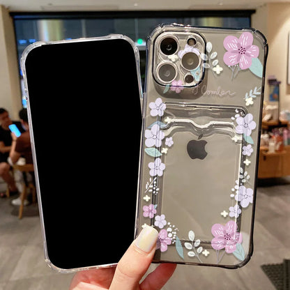 Funda de teléfono con soporte para tarjetas suaves para iPhone 13, 11, 16e, 15, 12, 14, 17, 16 Pro Max, 7 Plus, XR SE, funda transparente con flores estéticas
