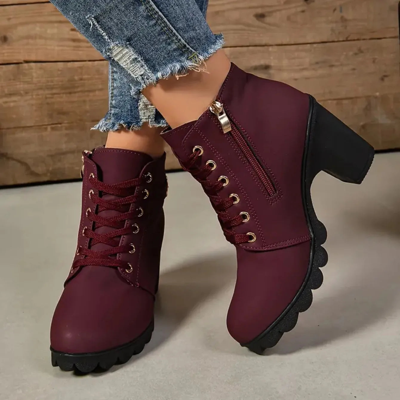 Women's Anti-slip Lace-up Boots, High Heel Shoes, Outdoor Fashion, High Quality, Autumn and Winter