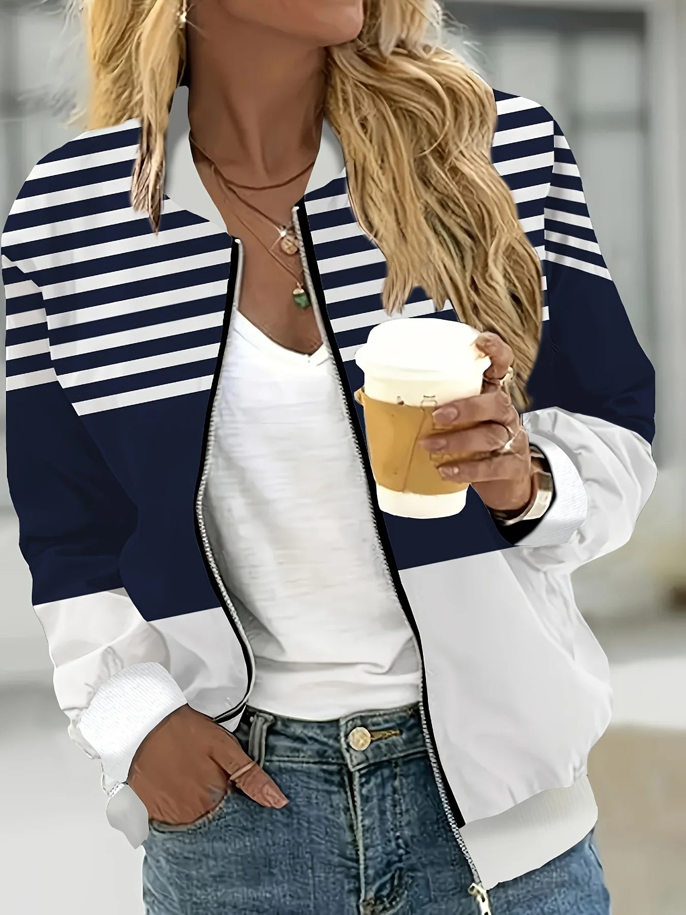 Primavera y otoño nueva moda mujer estampado a rayas cremallera prendas de vestir exteriores chaqueta Casual de mujer Top de Jersey de béisbol de manga larga