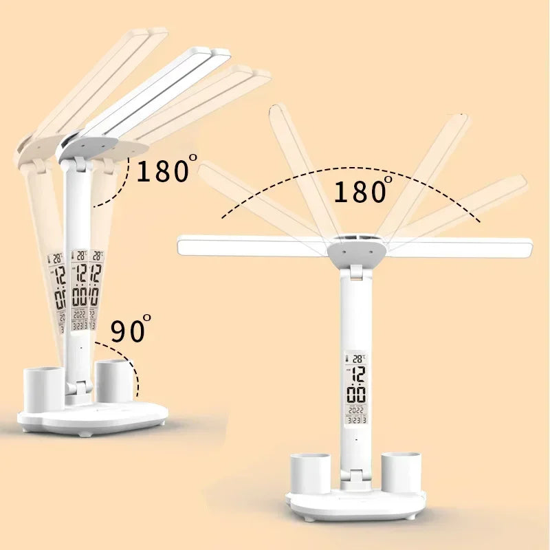 LED Desk Lamp, Dimmable Touch Folding Table Lamp with USB, Calendar, Temperature Clock, Night Light for Study, Reading Lamp