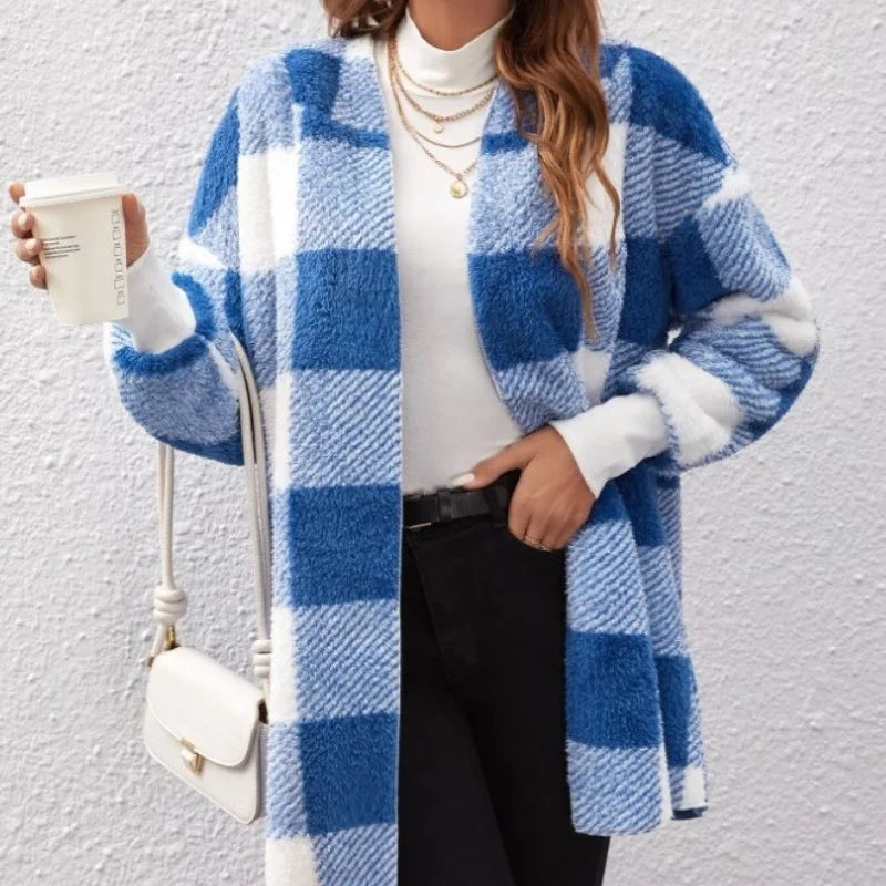 Cárdigan a cuadros de doble lana para mujer, chaqueta suave holgada de manga larga de felpa cálida con capucha, abrigo de retales para mujer, Otoño e Invierno