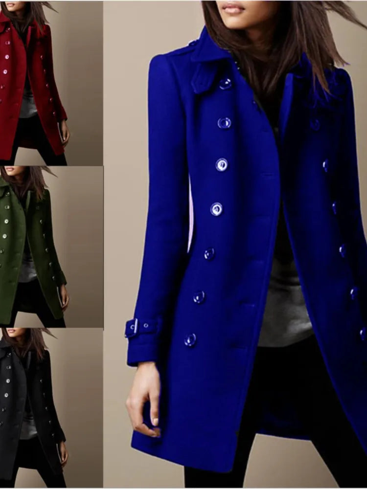 Chaquetas de lana de invierno para mujer, abrigo superior con solapa y doble botonadura, abrigo liso ajustado y elegante para mujer.