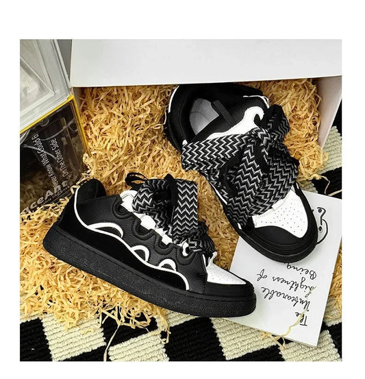 Black and White Mixed Color Couple Casual Sneakers, Novel Reflective Thick Soled Lace-Up Walking Shoes, Breathable Shoes for Men and Women