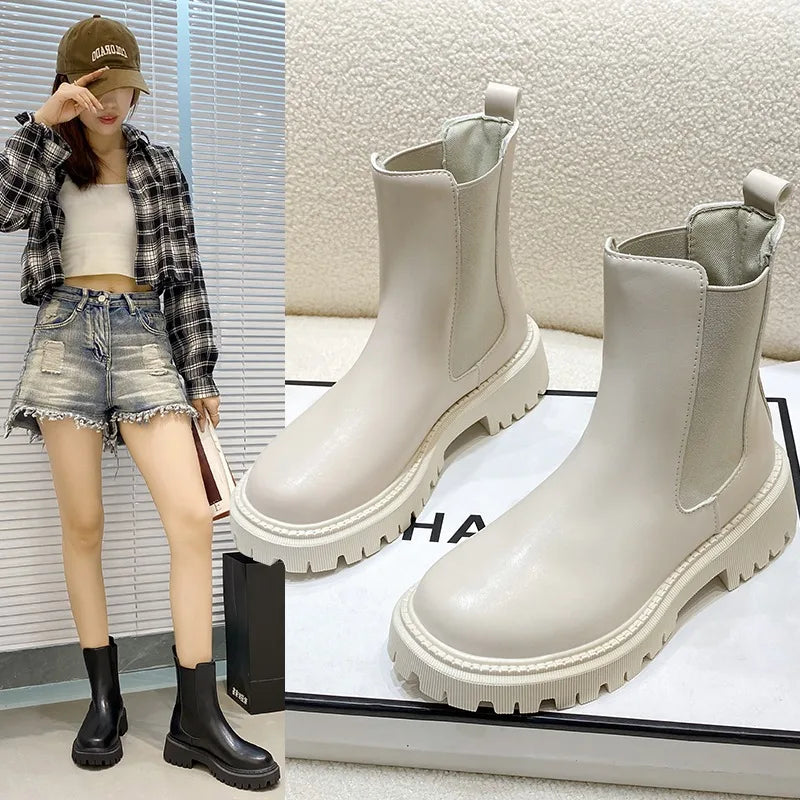 Botas Chelsea, nuevos zapatos de invierno de suela gruesa para mujer, botas cortas de suela gruesa a la moda de otoño para mujer