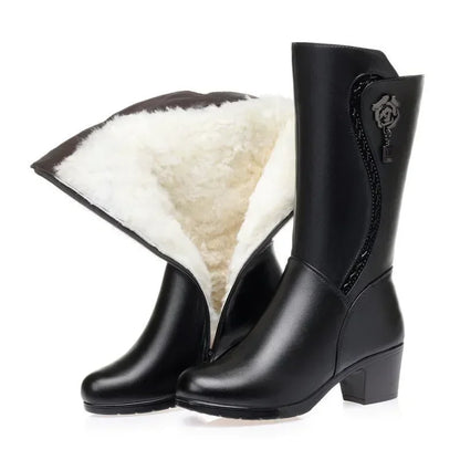 Botas de invierno para Mujer, Botas de nieve cálidas de felpa, Botas de tacón alto a media pantorrilla a la moda para Mujer, Botas de cuero de alta calidad para Mujer