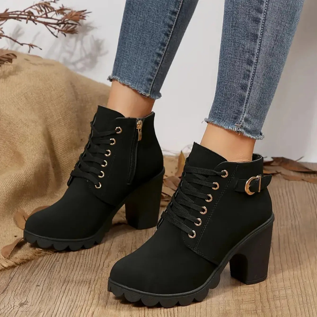 Women's Anti-slip Lace-up Boots, High Heel Shoes, Outdoor Fashion, High Quality, Autumn and Winter