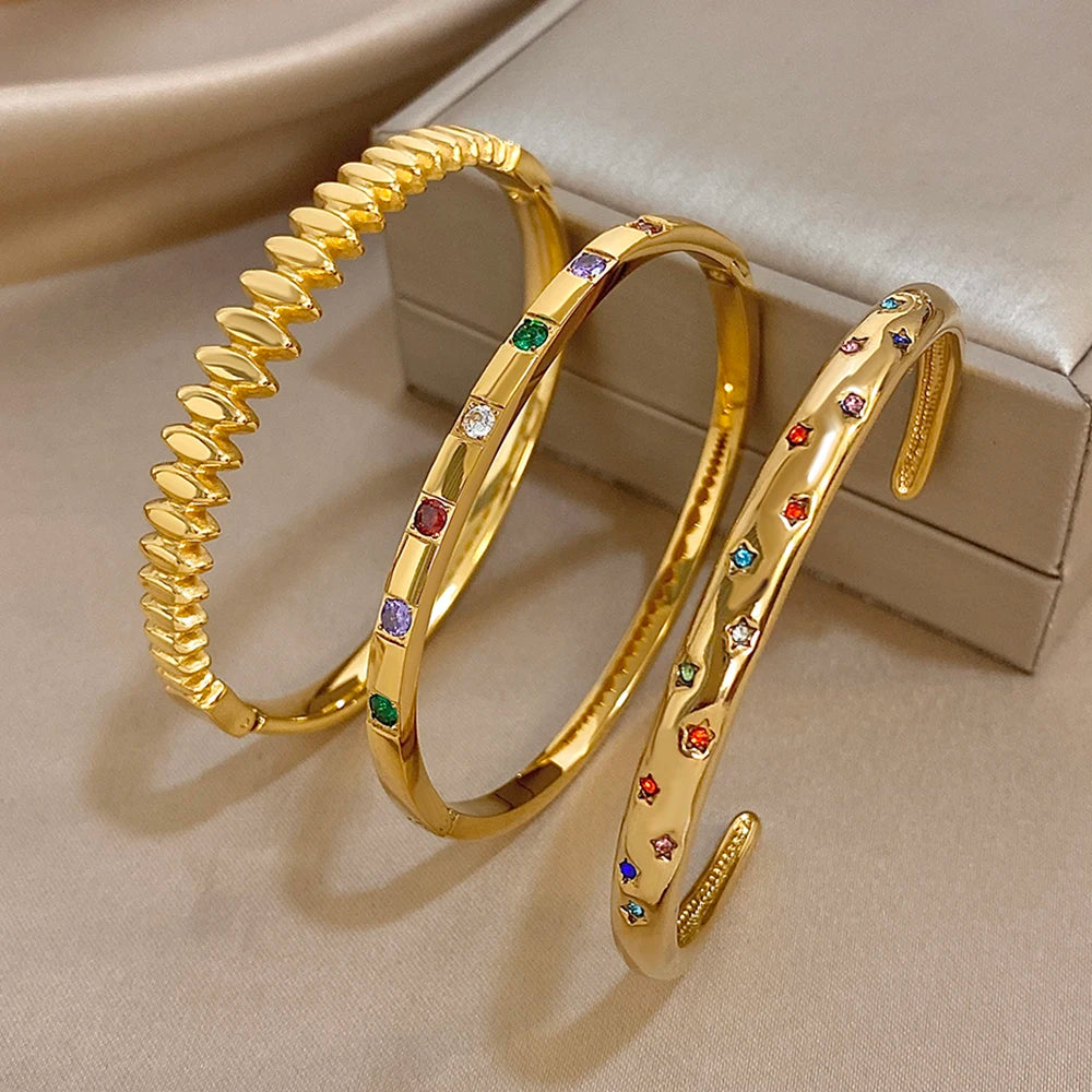New Gold Plated Stainless Steel Bracelet with Colorful Rhinestone Inlays, Luxury Open Bangles, Bracelets for Women and Men, Jewelry