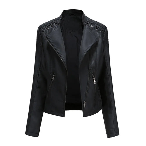 Chaqueta de cuero sintético para mujer, abrigo corto ajustado con cuello levantado y cremallera, ropa de calle para motorista, novedad de primavera y otoño.