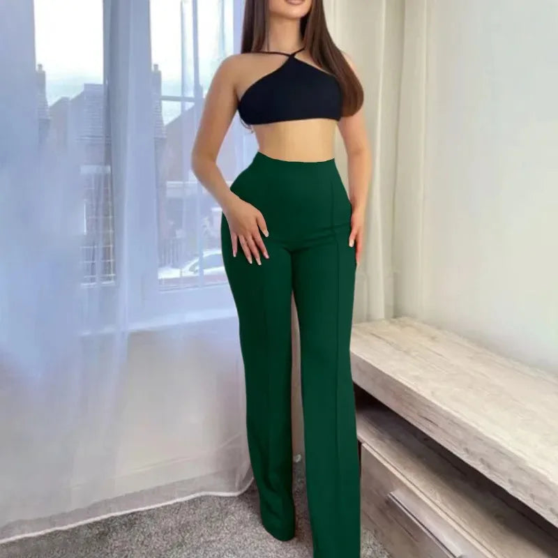 Women's Slim Fit Flared Pants, Solid Color Office Flared Pants, Spring and Autumn