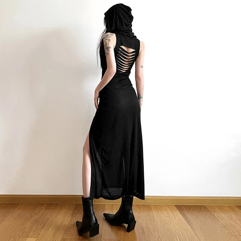 Verano Sexy estilo europeo y americano sin mangas vestido con capucha largo dividido ahueca hacia fuera el vestido de las mujeres de Color puro