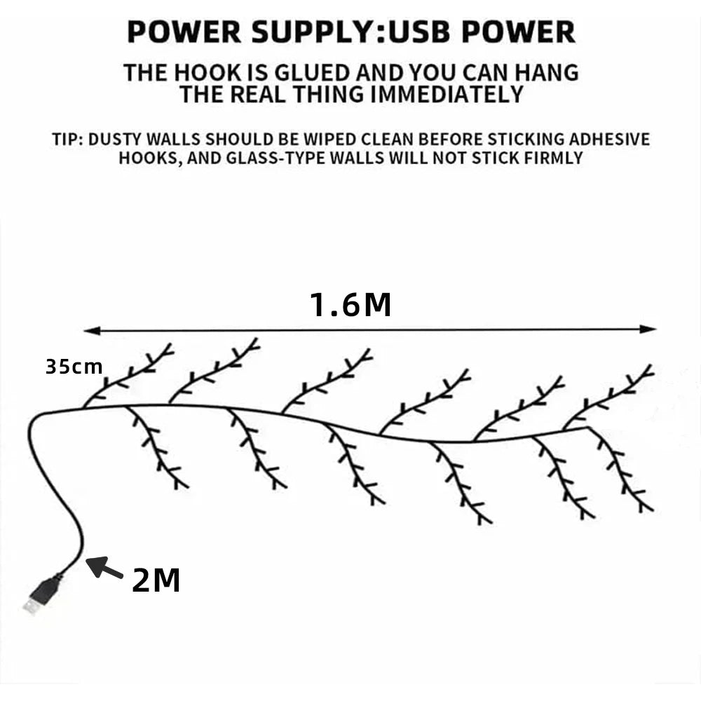 USB Wall Mounted LED Branch Lights, Cherry Blossom Vine Lights, 72 LED, 8 Modes for Indoor Holiday Decoration, Walls, Doors, and Windows