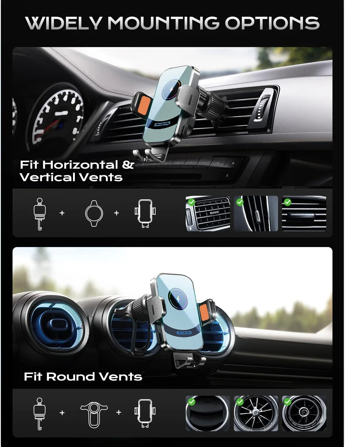 UYUXIO Automatic Clamping Wireless Car Charger Adapter, Super Fast Charging Air Vent Car Phone Mount for iPhone 16 15 Pro Max Samsung