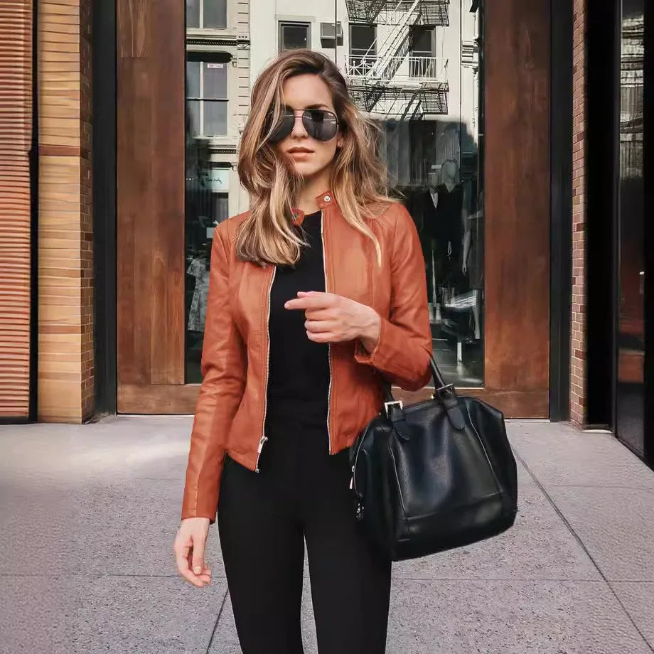 2025 Women's Cycling Coat, PU Leather Apparel, Zipper Suit, Fashionable Thin Short Female Jacket for Autumn and Winter