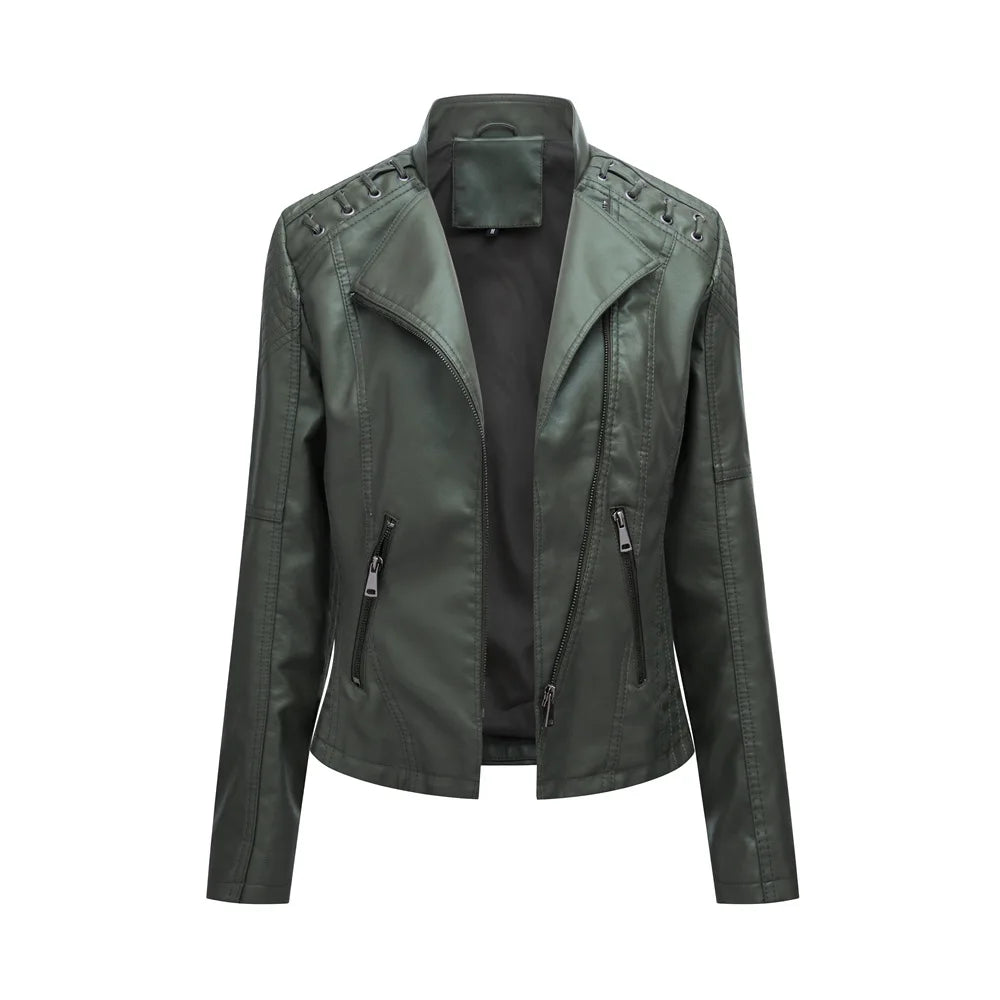 Chaqueta de cuero sintético para mujer, abrigo corto ajustado con cuello levantado y cremallera, ropa de calle para motorista, novedad de primavera y otoño.