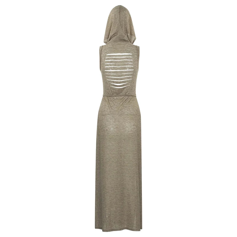 Verano Sexy estilo europeo y americano sin mangas vestido con capucha largo dividido ahueca hacia fuera el vestido de las mujeres de Color puro