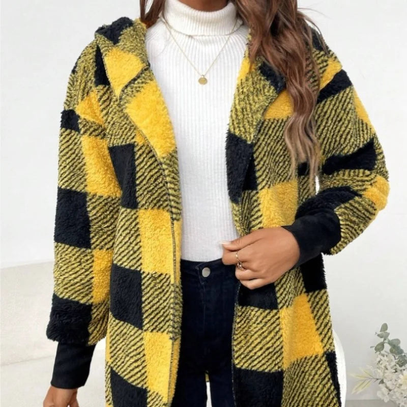 Cárdigan a cuadros de doble lana para mujer, chaqueta suave holgada de manga larga de felpa cálida con capucha, abrigo de retales para mujer, Otoño e Invierno