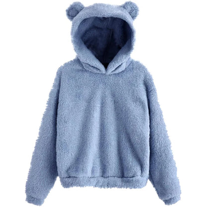 Moda coreana de invierno con orejas de oso, Sudadera con capucha holgada y esponjosa, sudadera cálida, Top de manga larga, jersey liso, ropa para mujer