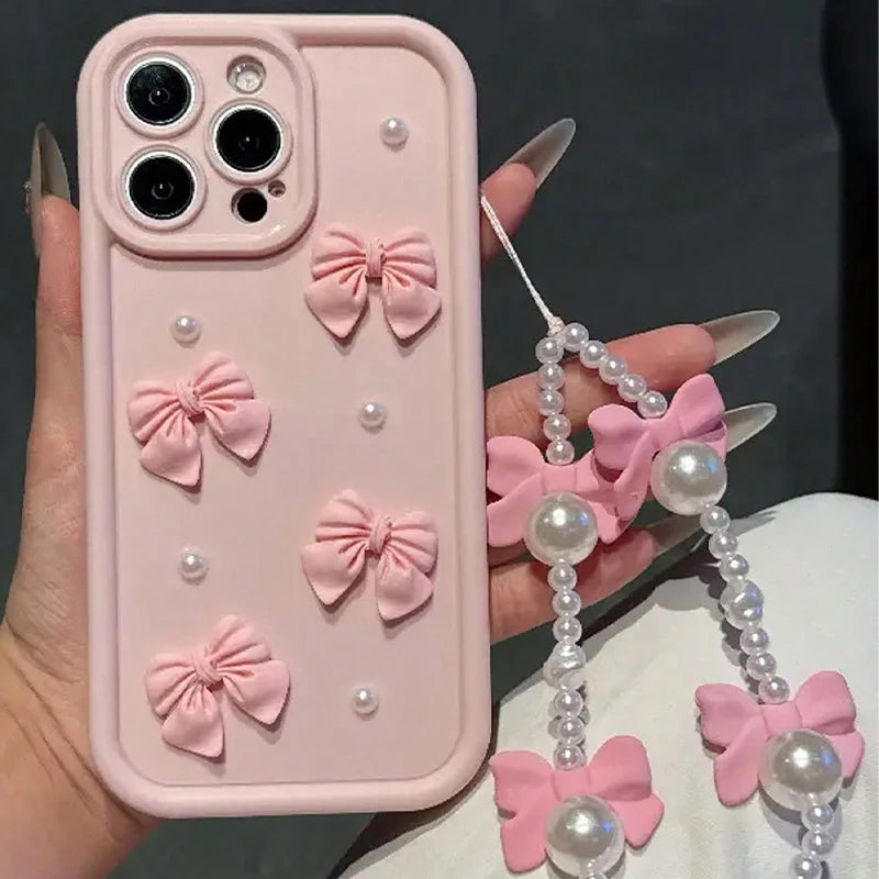 Korean 3D Bowknot Silicone Phone Case for iPhone 16 17 Pro 15 14 13 12 11 Pro Max 16E 7 8 Plus with Lanyard Soft Cover