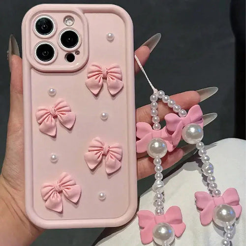 Korean 3D Bowknot Silicone Phone Case for iPhone 16 17 Pro 15 14 13 12 11 Pro Max 16E 7 8 Plus with Lanyard Soft Cover