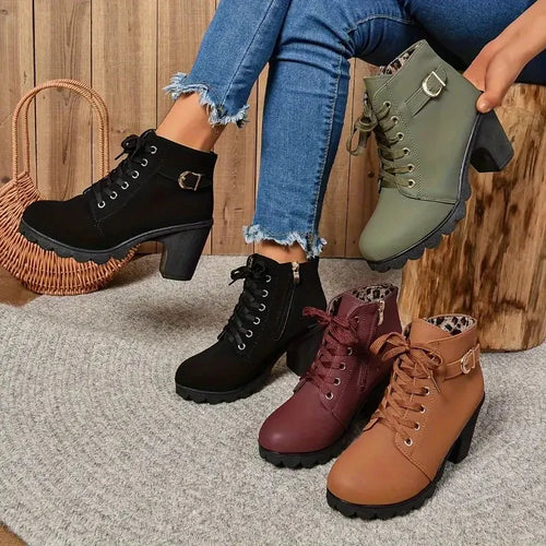 Women's Anti-slip Lace-up Boots, High Heel Shoes, Outdoor Fashion, High Quality, Autumn and Winter