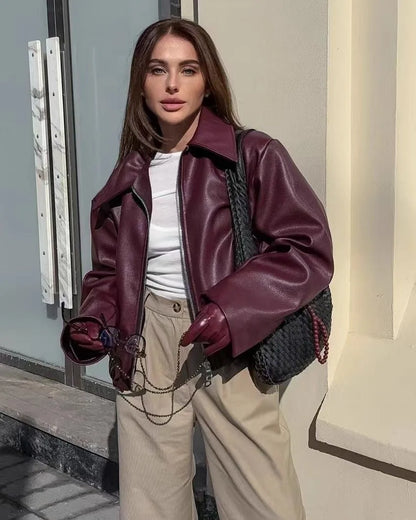 Otoño Invierno chaqueta de cuero Retro 2026 nueva chaqueta de cuero Pu para mujer solapa corta motocicleta abrigo suelto mujer abrigo de cuero de motorista