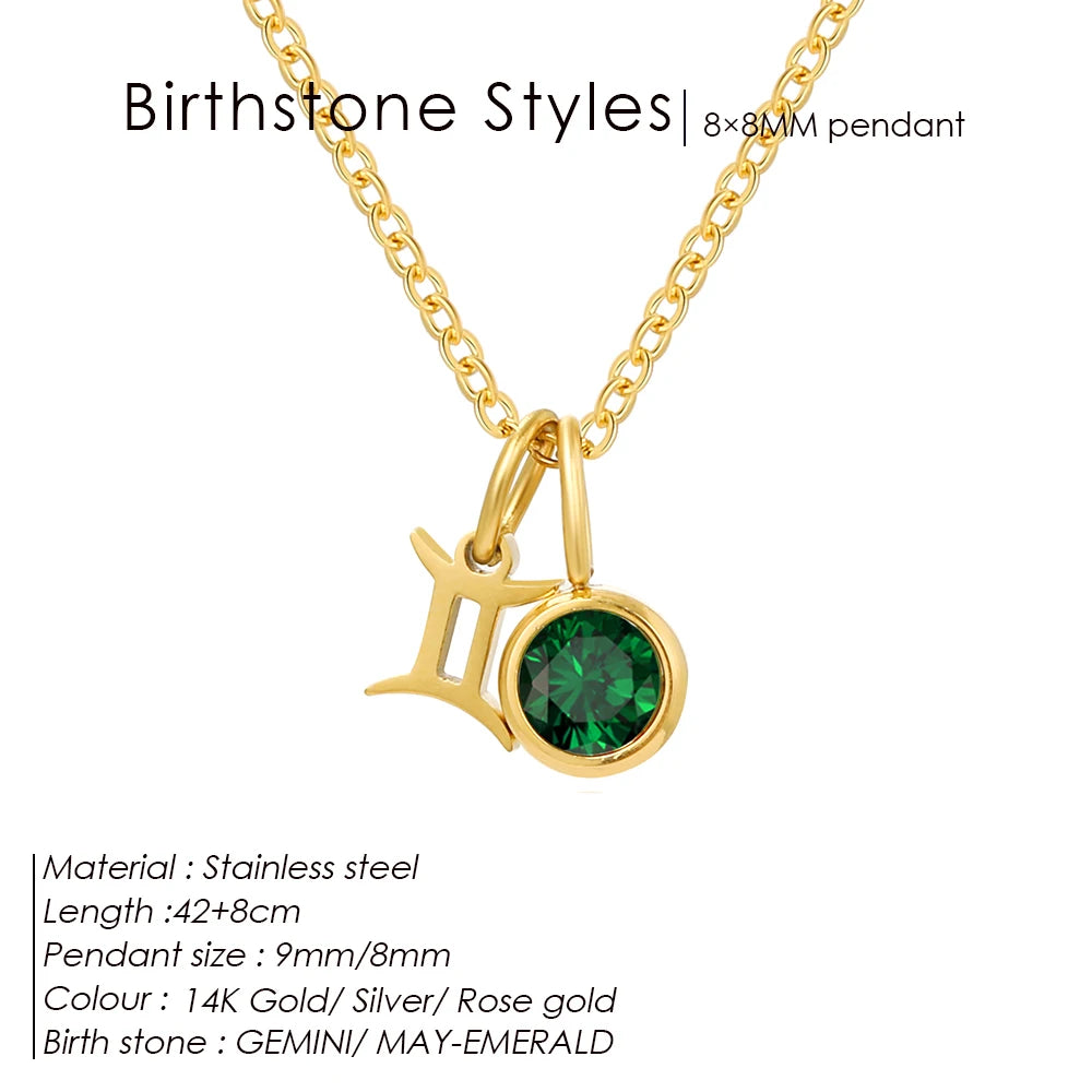 EManco - Birthstone Constellation Double Pendant Necklace, 12 Zircon Stainless Steel Jewelry, DIY Necklace.