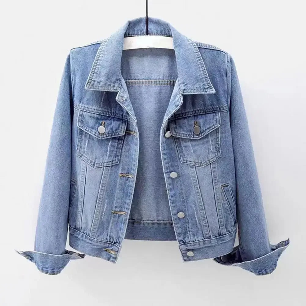 Women's denim jacket, single-breasted chest flap jacket, slim fit long sleeve short coat, retro women's denim jackets, outerwear