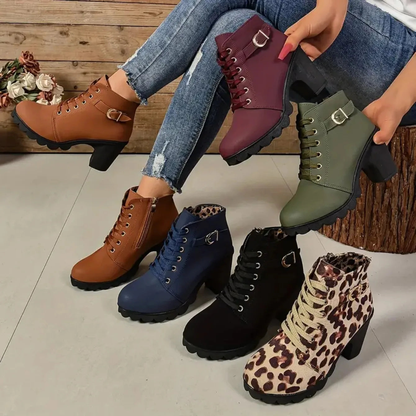 Women's Anti-slip Lace-up Boots, High Heel Shoes, Outdoor Fashion, High Quality, Autumn and Winter