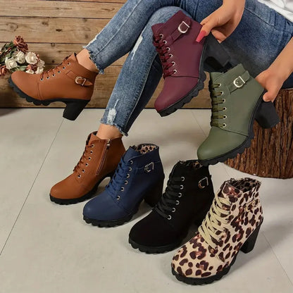 Women's Anti-slip Lace-up Boots, High Heel Shoes, Outdoor Fashion, High Quality, Autumn and Winter