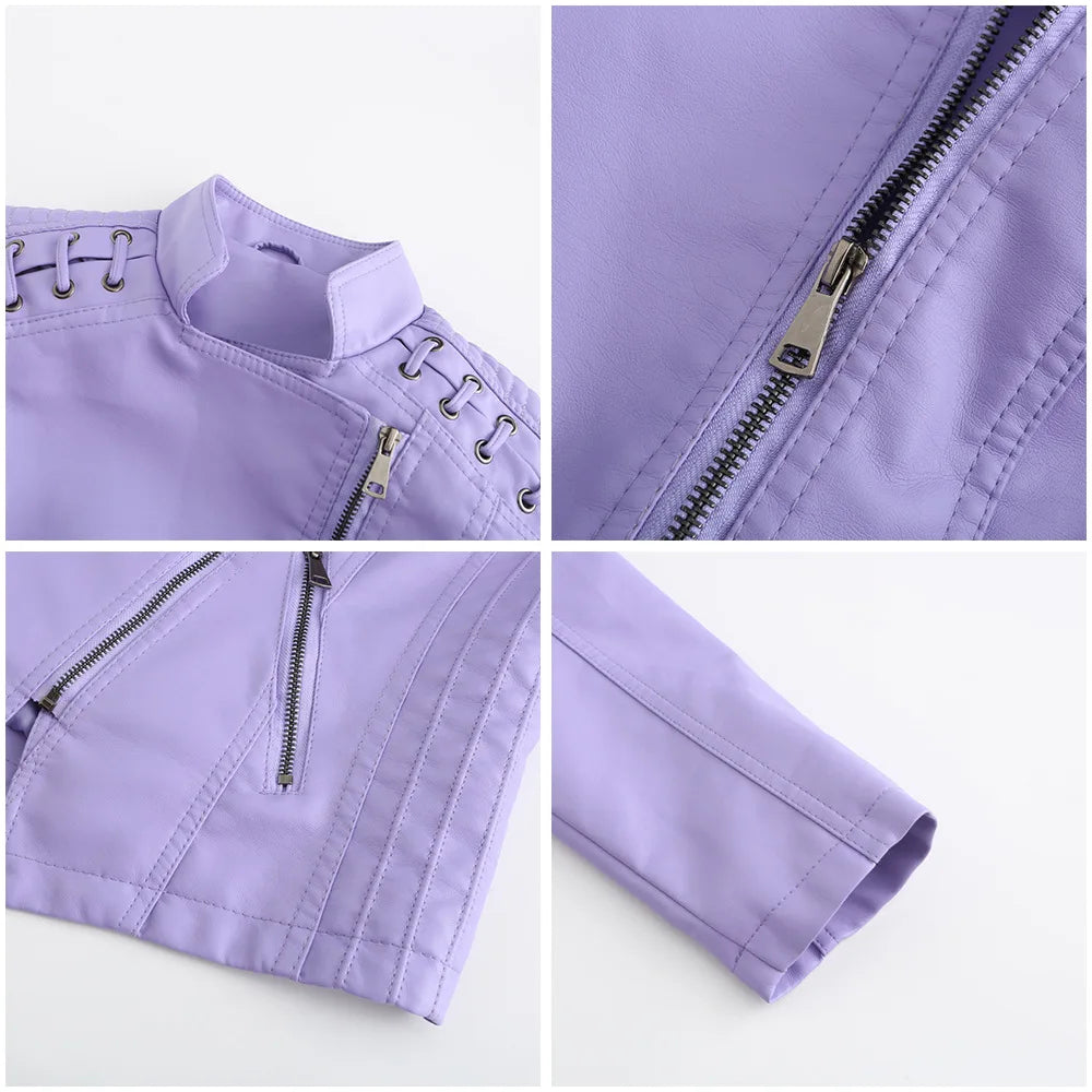 Chaqueta de cuero sintético para mujer, abrigo corto ajustado con cuello levantado y cremallera, ropa de calle para motorista, novedad de primavera y otoño.