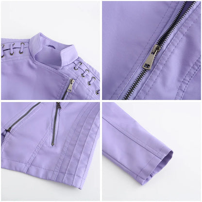 Chaqueta de cuero sintético para mujer, abrigo corto ajustado con cuello levantado y cremallera, ropa de calle para motorista, novedad de primavera y otoño.