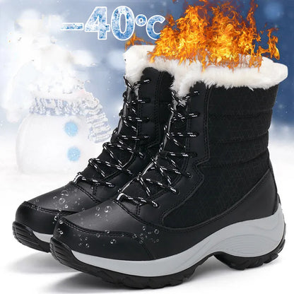 Botas de mujer, botas de tacón impermeables para invierno, botines de plataforma Tren, zapatos de nieve para mantener el calor, botas cortas de felpa para exteriores